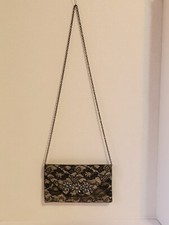Vintage Jessica McClintock Black Sliver Satin Lace Clutch Shoulder Handbag