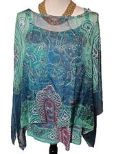 Style & Co Womens Sheer Chiffon and Tank Top XL Blue Green Abstract Artsy Flowy