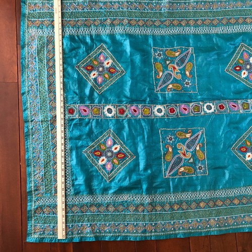 Beaded Embroidered Silk Scarf Dupatta Ornate Cloth 89x40 Turquoise Blue Vtg Long - Picture 11 of 12