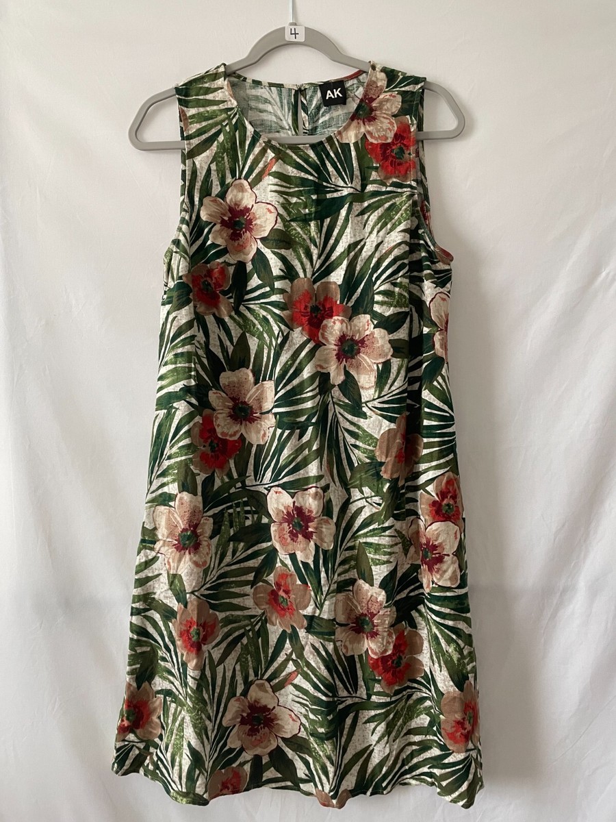 AK Womens Green Sleeveless Tropical Floral Linen A-Line Short Dress Size 10  | eBay
