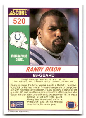 Randy Dixon 1990 Score FOOTBALL #520 Indianapolis Colts Rookie RC