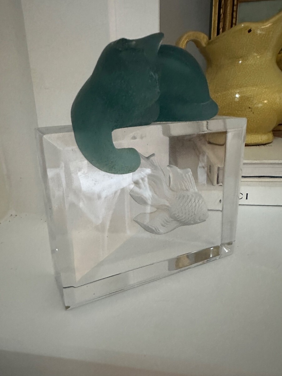 Daum Pate De Verre Glass Cat and Fish Sculpture - Slight