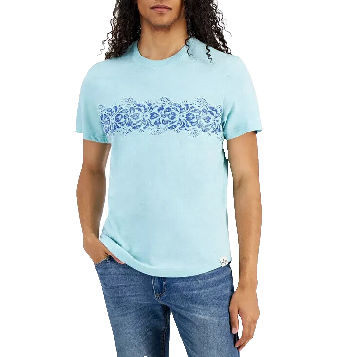 SUN + STONE Men's Striped Tropical All Cotton T-Shirt Light Blue