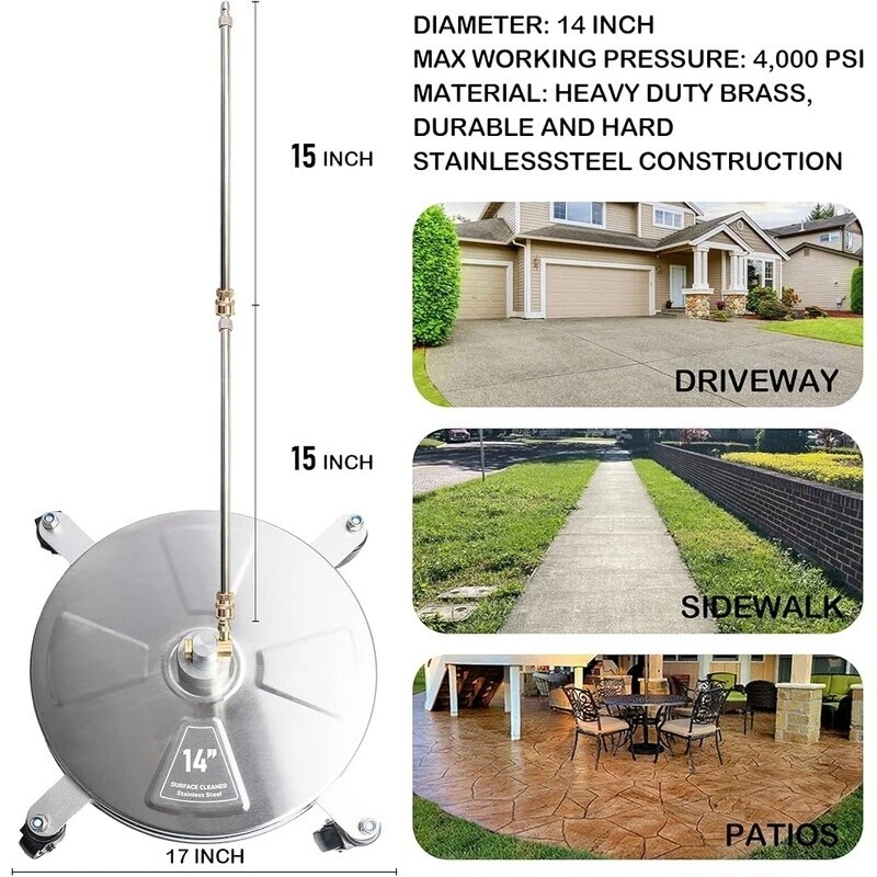 Limpiador de superficies para lavadora a presión de 14" acero inoxidable 4 ruedas 4000 PSI 2 varitas EE. UU. Foto 2 de 4