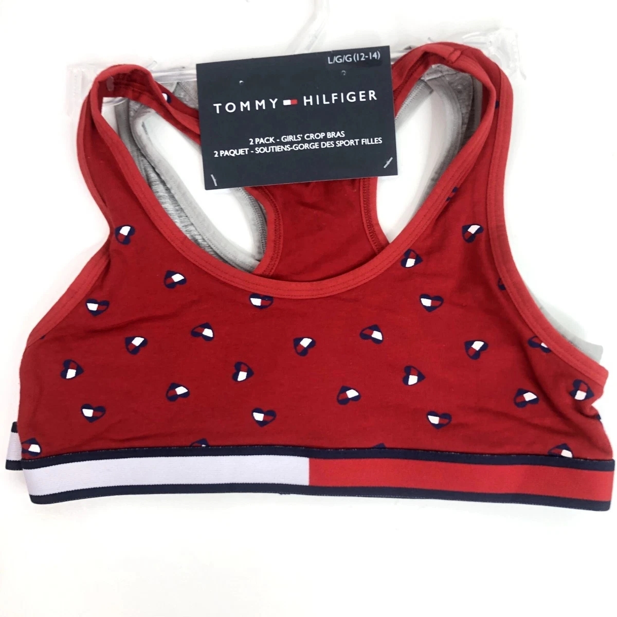 Tommy Hilfiger Girls Crop Bras Sz Large 12/14 Red Gray Hearts New With Tags  