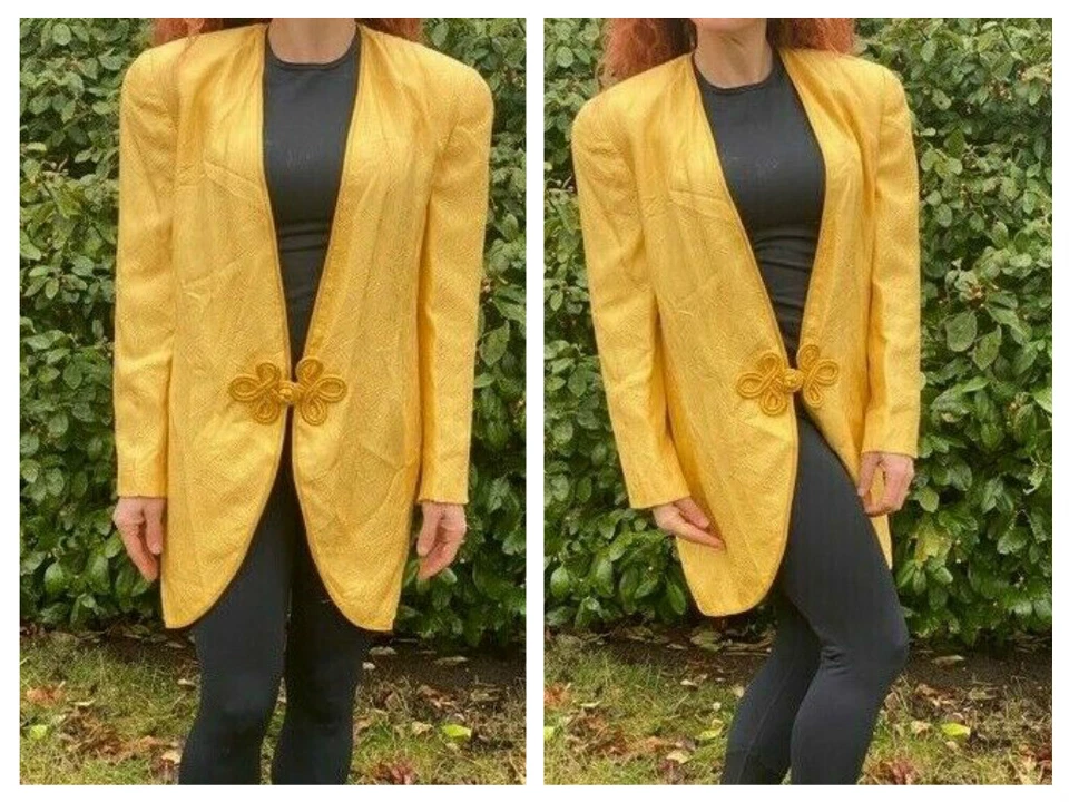 CHAQUETA BLAZER SEÑORA VINTAGE PIERRE BALMAIN AMARILLO SEDA CIERRE RANA MILITAR 8 Foto 4 de 4