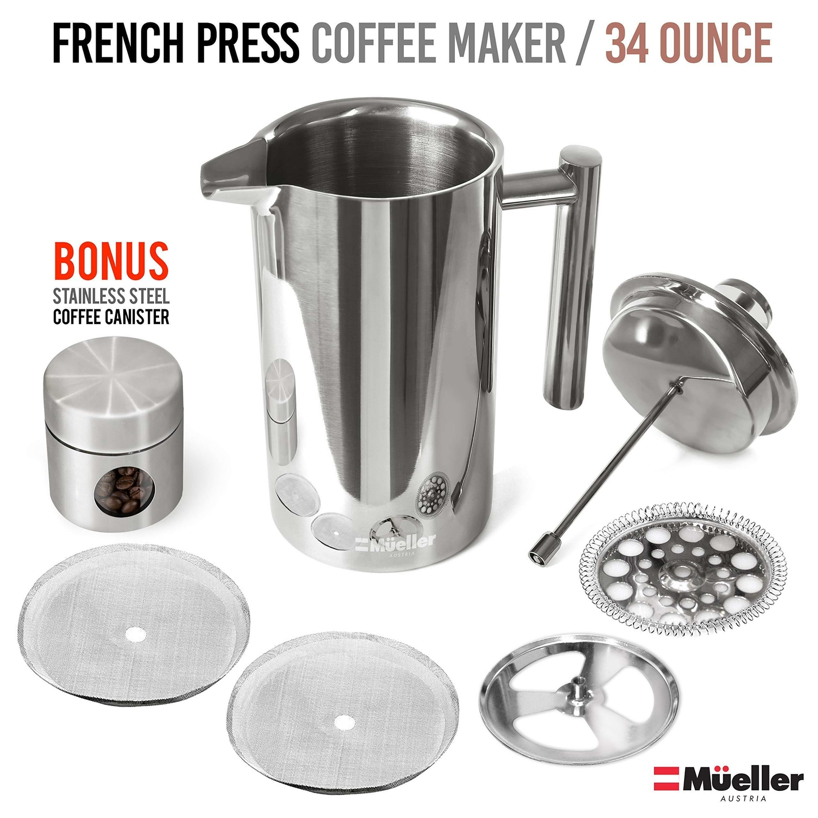 Mueller French Press Double Insulated Premium 304 Stainless Steel