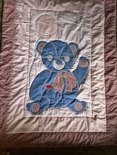 Handmade Pink Blue Teddy Bear Balloon Floral Quilt 55.5  X 41 Clean  