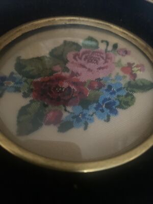 Cadre Ancien Point De Croix - Bois Noir - Forme Ronde - 14 Cm - Romantique