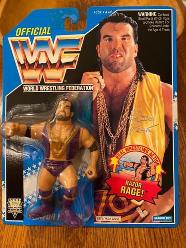 Hasbro WWF Razor Ramon Blue Card MOC Purple Trunks...
