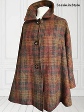 Peter James Brown Green Plaid Check Tartan Tweed Pure Wool Cape Jacket Os Uk8-18