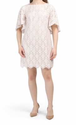 trina turk central lace dress Trina Turk Lace Three-quarter Sleeve Mini Dress In White Wash