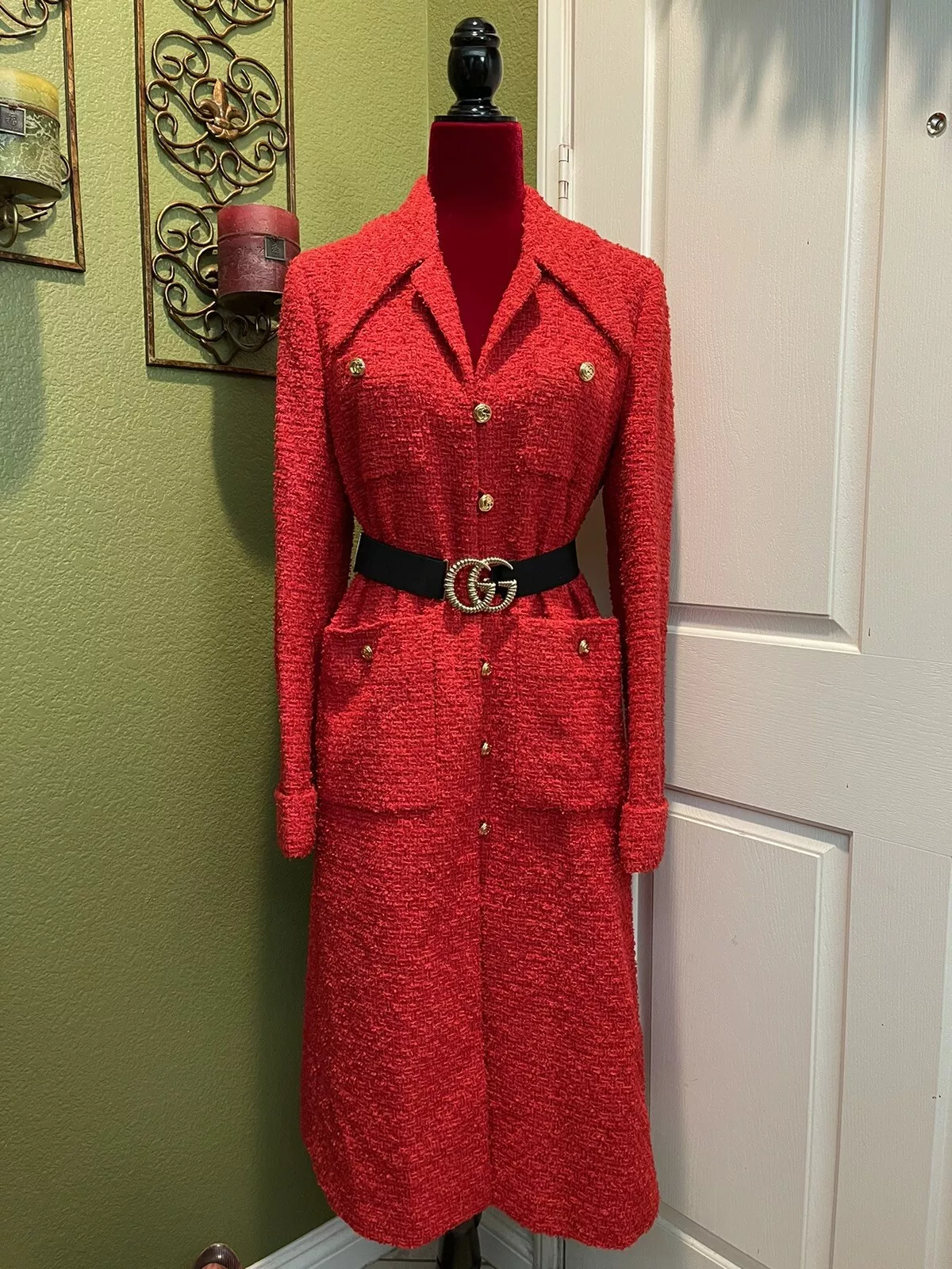 Manteau en tweed rouge 100 % authentique ceinture de piste GUCCI + taille de taxe : 42