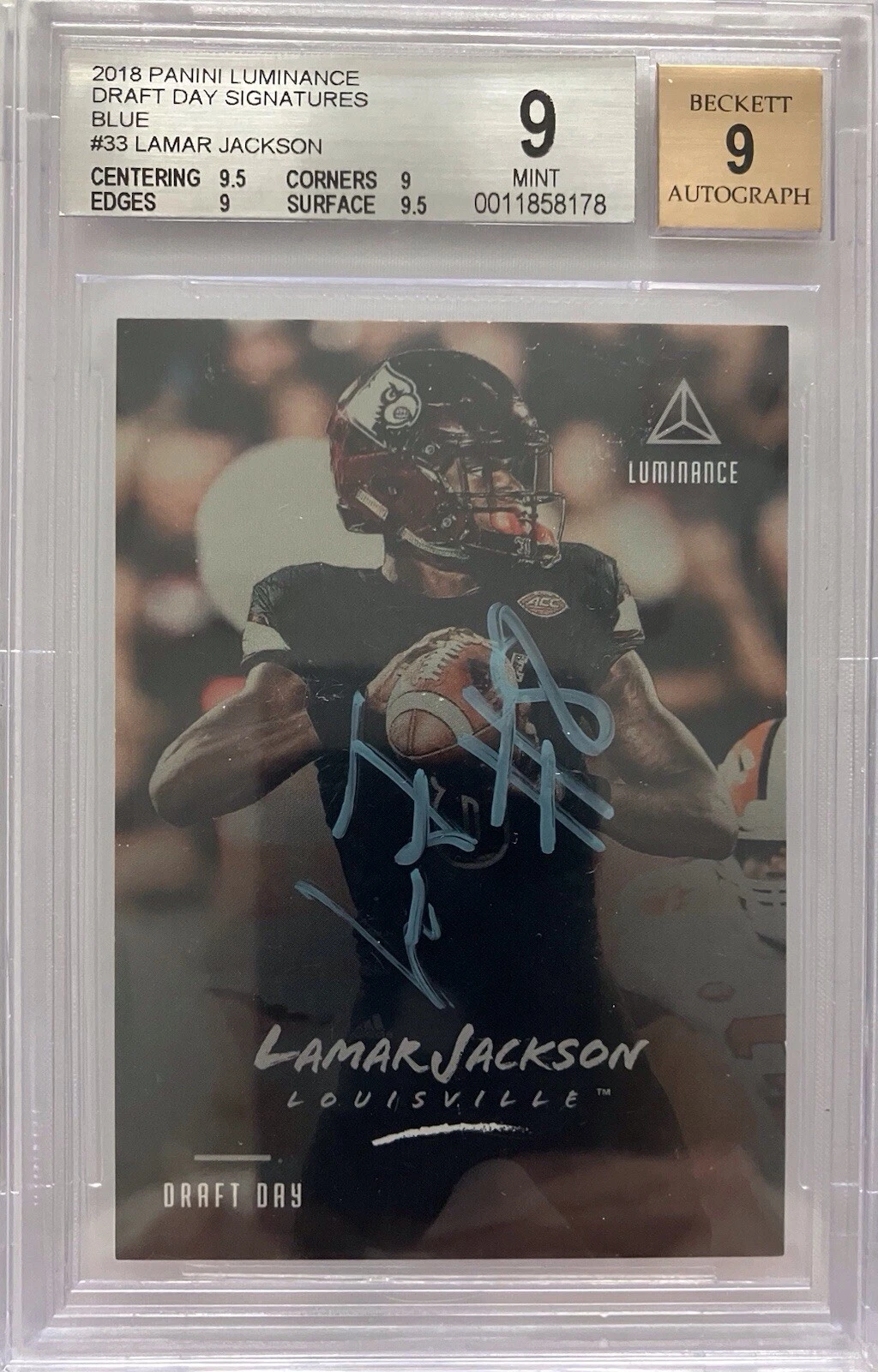 Lamar Jackson Panini Luminance Draft Day Signature #RILJ Blue Ink