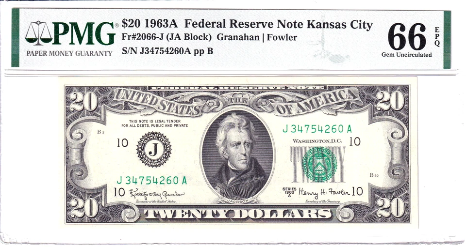 (2) Consecutive 1963-A $20 FRN Notes Kansas City PMG Gem Uncirculated 66EPQ - Image 2 of 4