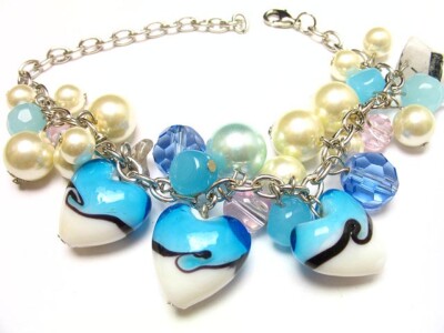 BLUE FANCY HEART CERAMIC BEAD FAUX PEARLS CHARM BRACELET BR_SAS 128929
