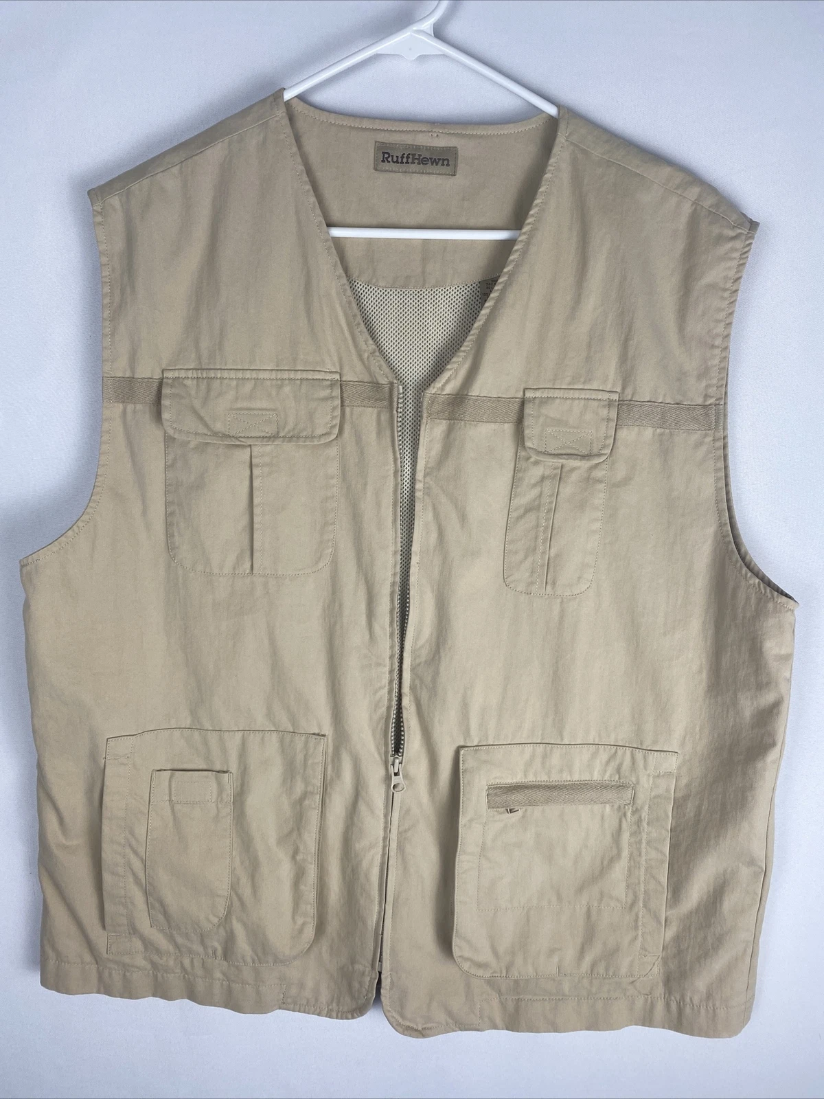 RUFF HEWN Men L Khaki Tan Utility Safari Fishing Sleeveless Zip Vest, V Neck