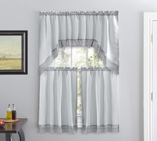 3-Piece Kitchen Caf  Curtains with Embroidered Lace Gray 