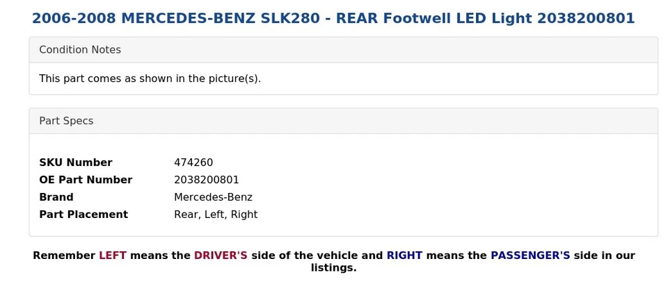 2006-2008 MERCEDES-BENZ SLK280 - Светодиодный фонарь в пространстве для ног сзади 2038200801 - Изображение 4 из 4