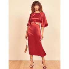 NWT Reformation Noemi Silk Bell Sleeve Cut Out Midi Dress in Crimson Size 0