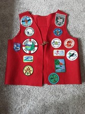 Boy Scout BSA Vintage Red Felt Vest with Lacing and 29 Different Patches