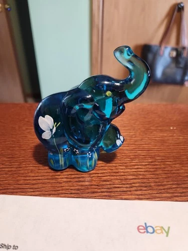 Fenton Glass Elephant Figurine, Hand-Painted Florals, Artist Signed Fenton
