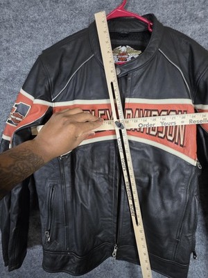 Harley Davidson Leather Jacket Mens XL Black Orange Racing