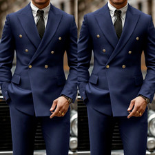 Business Men's Suit Offical Navy Navy Blue Tuxedo Jacket Double Breasted 2Pcs