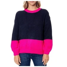 Elodie Chunky Knit Color block Crew Neck Pullover Sweater Medium Navy Hot Pink