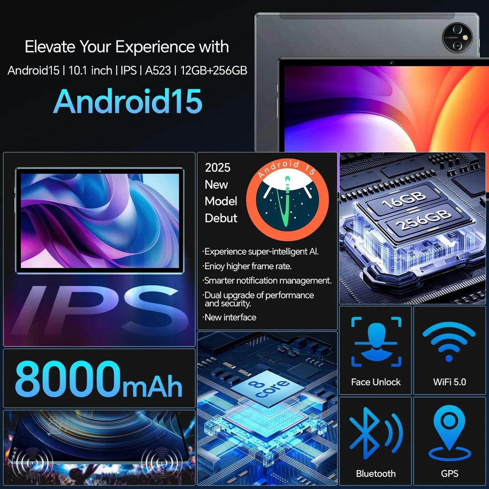 Tablet 10.1inch Android 15 with Keyboard,Octa-Core Tablets, 16GB RAM 256GB St... - Image 3 of 4