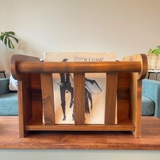 Vtg Wood Record Vinyl magazine rack MCM holder basket slats teakwood magazine