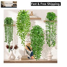 4 Pack Faux Artificial Hanging Plants, UV Resistant Fake Potted Greenery with...
