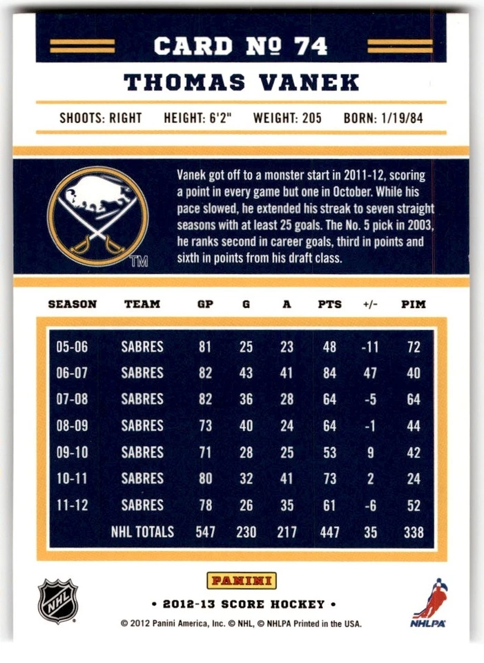 Thomas Vanek 2012-13 Score Gold Rush #74 Buffalo Sabres - Image 2 of 2