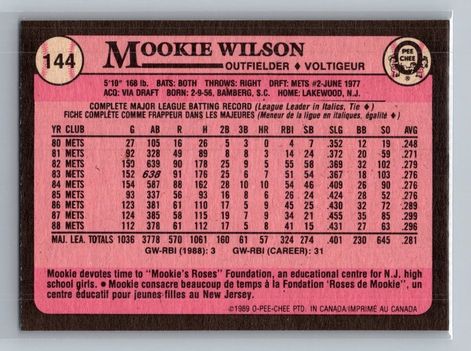1989 O-Pee-Chee Mookie Wilson #144 - New York Mets - Canadian/French - Image 2 of 2
