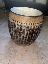 Japanese taiko drum made of solid wood with two heads of skin, bamboo pattern on