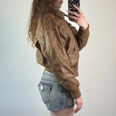 Y2K vintage faux leather bomber zip up jacket short slight crop 