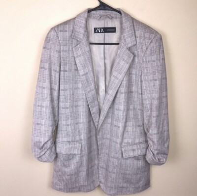 Zara Women’s Plaid Gray Faux Suede Ruched Sleeve Long Line Open Front  Blazer XS