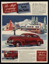 1941 DESOTO De Luxe 2-Door Red Sedan Deluxe Car- Ski Lodge - Skiing - VINTAGE AD