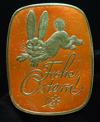 alte Oblate Anhänger Geschenkanhänger Frohe Ostern Osterhase geprägt orange gold