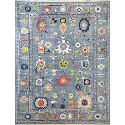 Handmade (9' x 12') Blue Turkish Oushak Soft Wool Area Rug for Living Room
