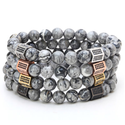 Men Micro Pave CZ Hexagon Gray Map Stone Picasso Jasper Beaded Bracelets Jewelry
