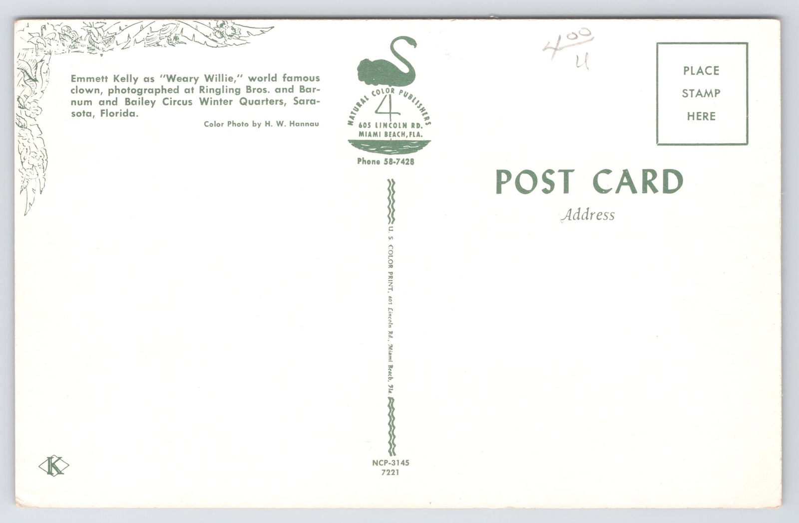 Theme Park~Emmett Kelly~Weary Willie~Ringling Bros~Barnum & Bailey Circus~FL~Vtg