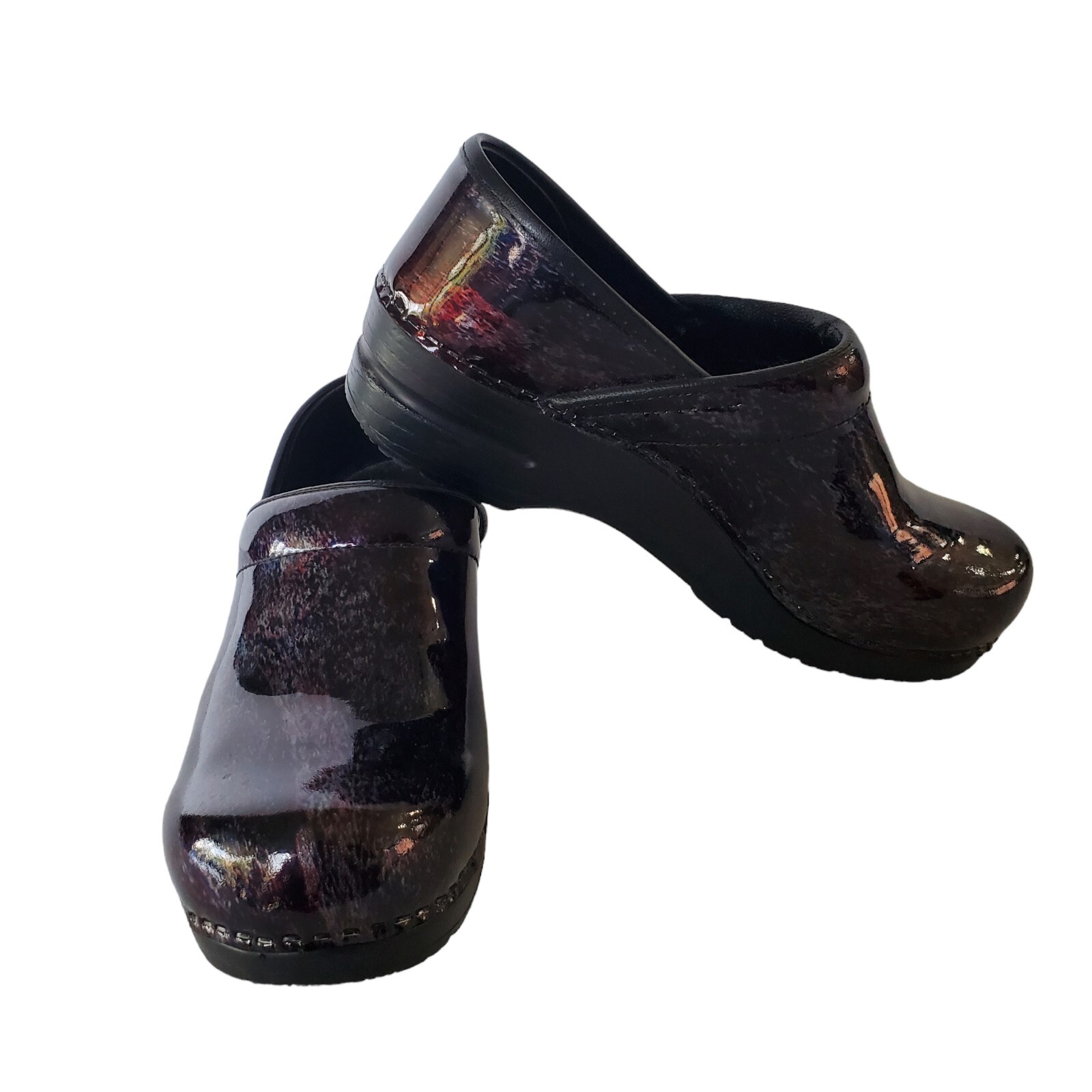 Sanita Patent Blue Purple Dark Multi-Color Danish Clogs, Size 39