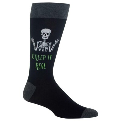 Creep It Real Men's Crew Socks Size 10-13 Black Hot Sox Skeleton Fashion New*