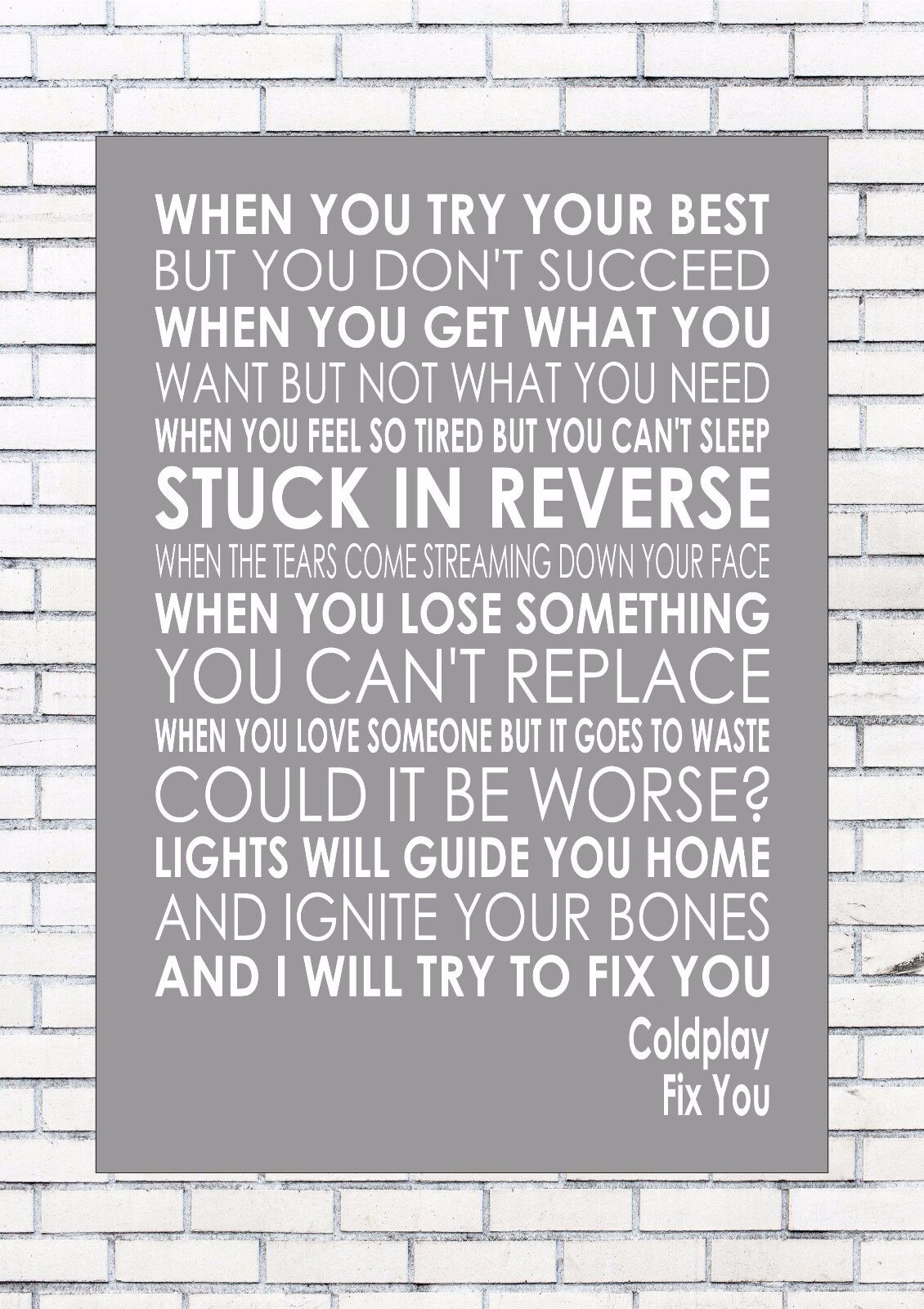 FIX YOU – COLDPLAY Music Wall Art Typography Words Song Lyric Lyrics