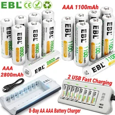 EBL AA AAA Rechargeable Batteries 1100 2800mAh ,Optional Ni-MH  Charger LOT