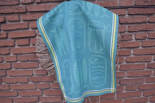 Dish Towel Cotton Jacquard 50X70 Cm Petrol With Sardine Motifs France - Picture 3 of 5