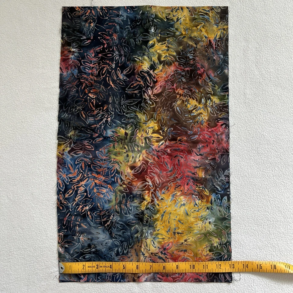 13” Batik Tie Dye Black Red Yellow Botanical Leaf Print Sew Quilt Cotton Fabric - Image 2 of 3