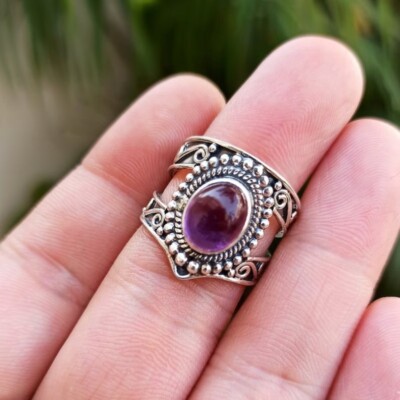 925 Sterling Silver Amethyst Gemstone Oval Shape Handmade 100% GENUINE Ring