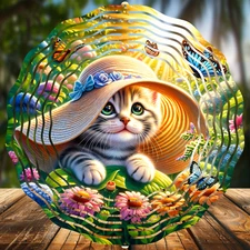 Kitten With Hat, Wind Spinners 8" Sublimated, High Quality Aluminum (ws29)